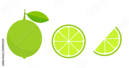 Green lime citrus fruit and slice icons.