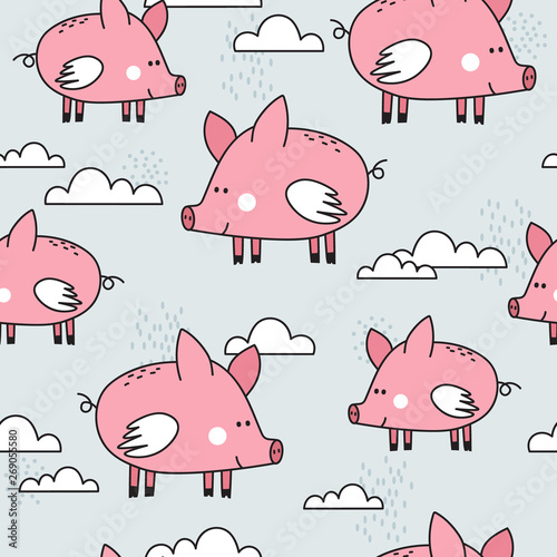 Happy pigs with wings, hand drawn backdrop. Colorful seamless pattern with animals, clouds. Decorative cute wallpaper, good for printing. Overlapping background vector. Design illustration