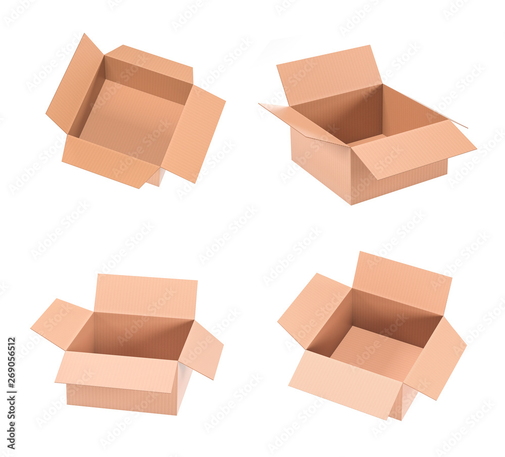 Brown shipping box. Open cartons set. 3d rendering illustration isolated Brown shipping box. Open cartons set. 3d rendering illustration isolated