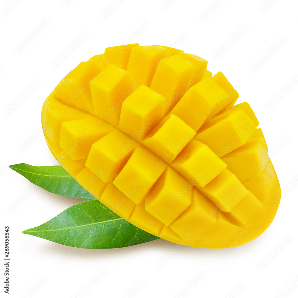 Yellow mango with leaves and slice isolated on white background with clipping mask Yellow mango with leaves and slice isolated on white background with clipping mask