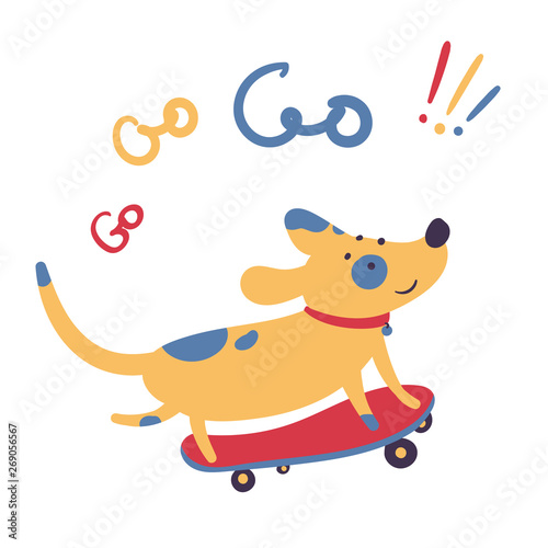 Dog skates on skateboard. Go go go lettering. Pet domestic animal stands three foot on a personal transport, skate. Summer activity sports and motivational poster. Flat vector illustration