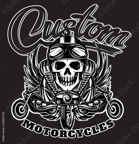 Vector monochrome image with skulls, motorcycles, wings, engine and Calligraphic inscription