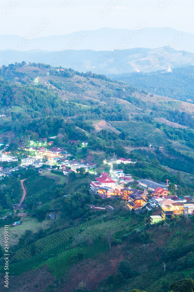 Landscape of Doi Mae Salong and tea Village in the evening.