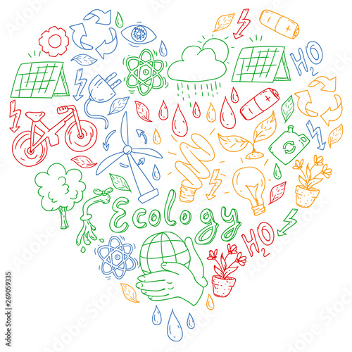 Vector logo, design and badge in trendy drawing style - zero waste concept, recycle and reuse, reduce - ecological lifestyle and sustainable developments icons.