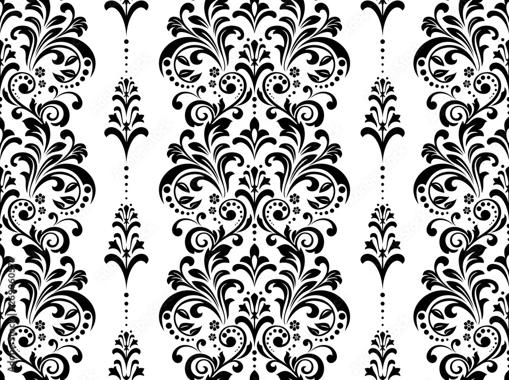 Floral pattern. Vintage wallpaper in the Baroque style. Seamless vector background. White and black ornament for fabric, wallpaper, packaging. Ornate Damask flower ornament