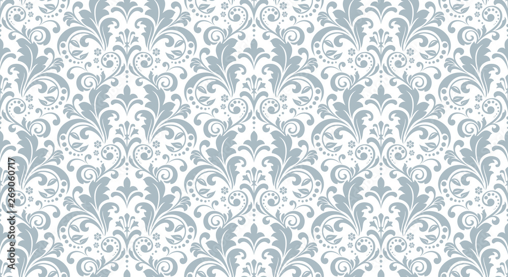 Floral pattern. Vintage wallpaper in the Baroque style. Seamless vector  background. White and blue ornament for fabric, wallpaper, packaging.  Ornate Damask flower ornament Stock Vector | Adobe Stock