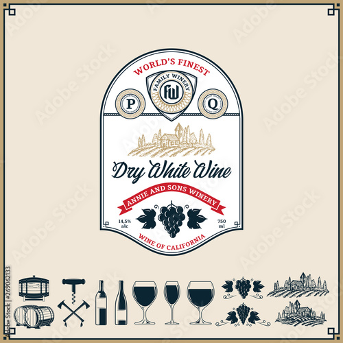 White wine vintage label and icons