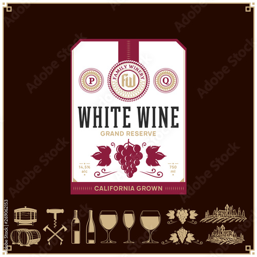 White wine vintage label and icons