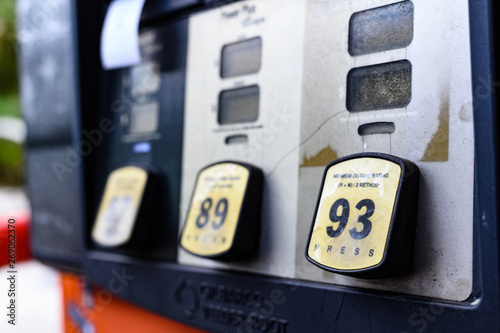 Old gas staton pump buttons up clos