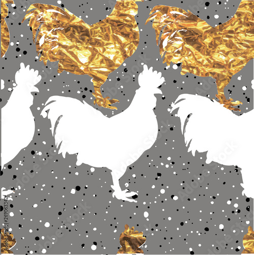 Seamless pattern with roosters and chickens. Texture gold falgu. Stylish background with birds. photo