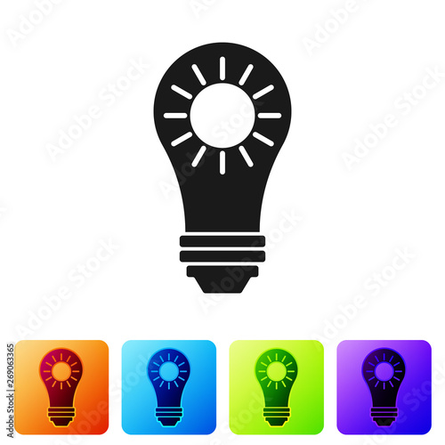 Black Solar energy panel icon isolated on white background. Sun and light bulb. Set icon in color square buttons. Vector Illustration