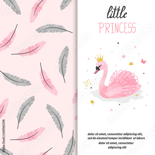 Birthday card design for little girl. Vector illustration of cute princess swan.