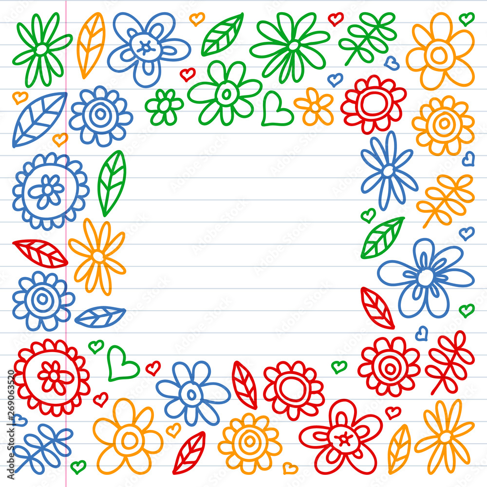 Vector set of child drawing flowers icons in doodle style. Painted, colorful, pictures on a piece of linear paper on white background.