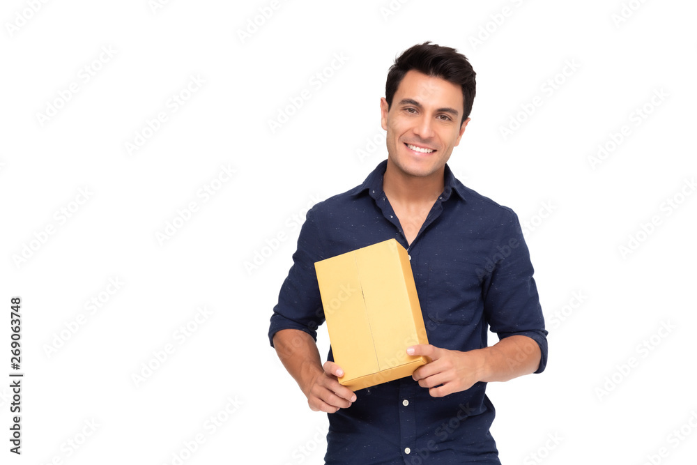Happy man holding package parcel box, Delivery courier and shipping service concept Happy man holding package parcel box, Delivery courier and shipping service concept