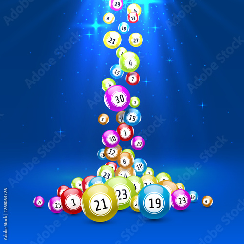lottery game, balls with numbers, on a colored background.