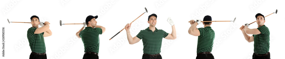 Collage of man playing golf on white background Collage of man playing golf on white background