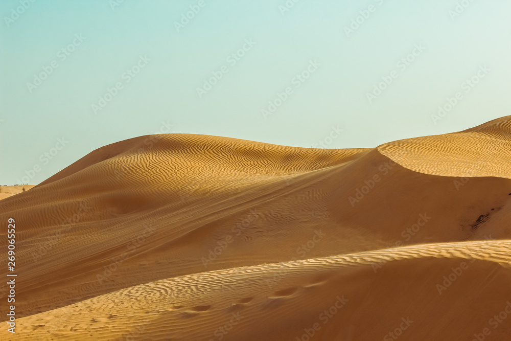 Sand dunes of the desert close up. Dubai 2019.