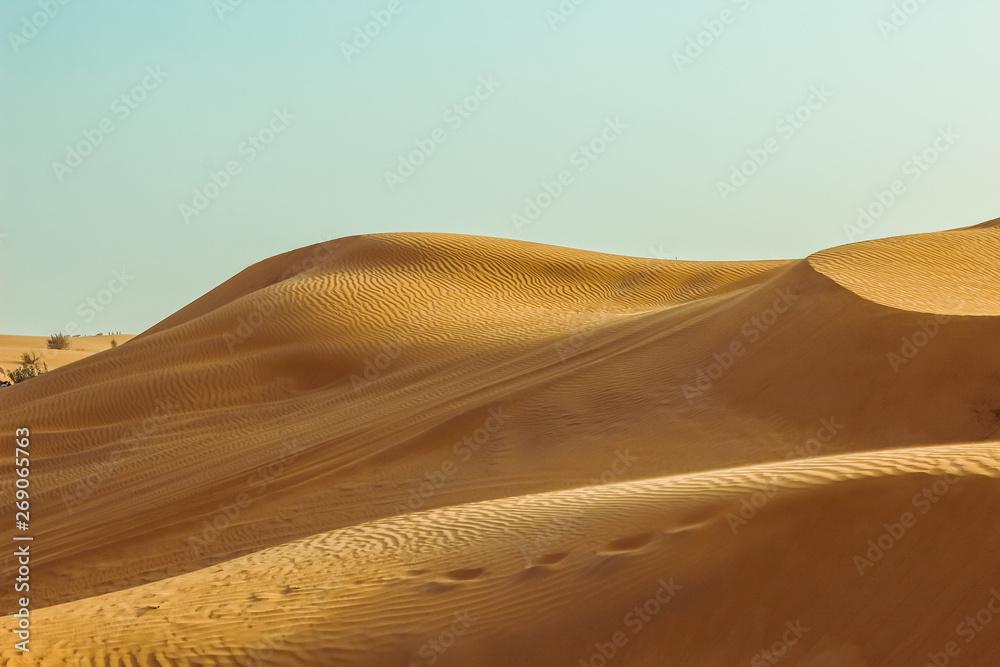 Sand dunes of the desert close up. Dubai 2019.