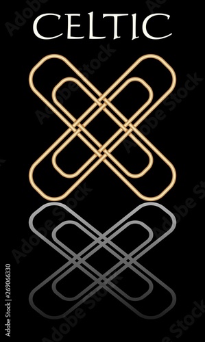 Celtic knot in golden design with mirror on black background. Simple elegant abstract shape, symbole of celtic culture. Vector design © shalom3