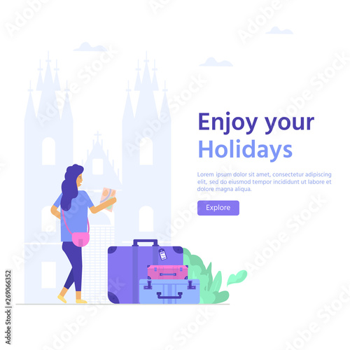 Young lady with map, bag and baggage. Travel and tourism concept for website template, online booking reservation