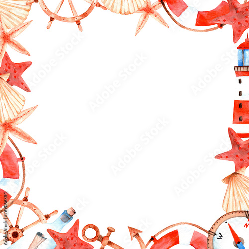Watercolor sea square frame (border) with seashell (Venus scallop), lighthouse, bottle with a secret map, anchor, starfish, a lifebuoy. Aquarelle illustration on a white background.