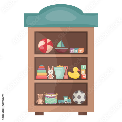 wooden shelf with toys square frame and birthday elements vector illustraitor