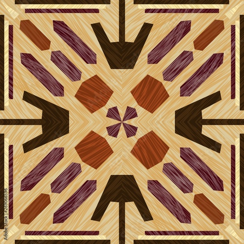Inlay tile, wooden textured patterns, symmetric decorative ornament in light and dark types of wood, wood art object, vector design