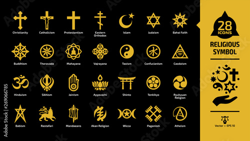 Religious symbol yellow icon set on a black background with christian cross, islam crescent and star, judaism star of david, taoism yin and yang, shinto torii gate religion glyph sign.