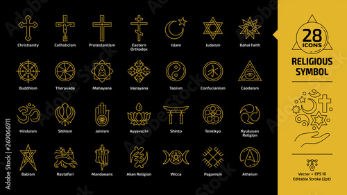 Religious symbol yellow outline icon set on a black background with christian cross, islam crescent and star, judaism star of david, hinduism aum letter editable stroke line sign.