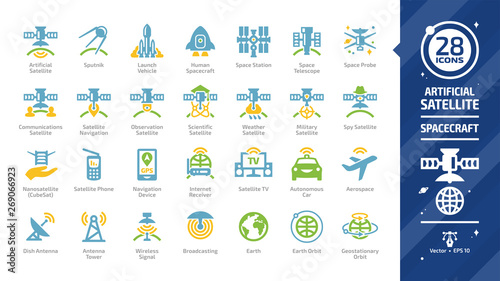 Satellite color icon set with sputnik, launch vehicle, human spacecraft, space station, telescope & probe, nanosatellite or cubesat, phone & navigation device, internet receiver glyph sign.