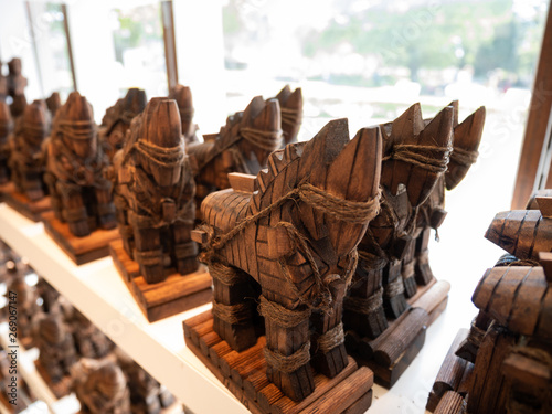 CANAKKALE ,TURKEY - April 30, 2017:  Trojan horse models are sold in Souvenir gift shop near archaeological site of Troy. photo