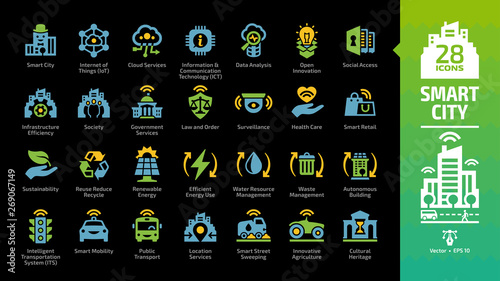 Smart city color icon set on a black background with infrastructure efficiency technology, future digital urban, autonomous building, internet of things, cloud computing and transport glyph sign.