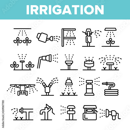Sprinklers, Irrigation Technology Vector Linear Icons Set. Water Sprinklers Outline Symbols Pack. Garden, Field Watering Modern System. Lawn Automatic Sprayer Isolated Contour Illustrations