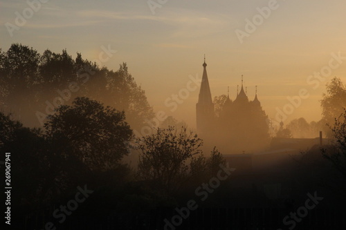 Trees and church silhouettes in misty summer morning © Natalya