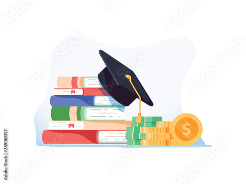 Investment in education. Scholarship Books, graduation hat and stack of coins. Education in Global world, Graduation cap