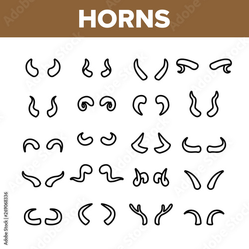 Animal, Devil Horns Vector Linear Icons Set. Bull, Goat, Moose, Wild Mammals Horns Outline Symbols Pack. Carnival Costume Accessories. Reindeer Antlers Isolated Contour Illustrations