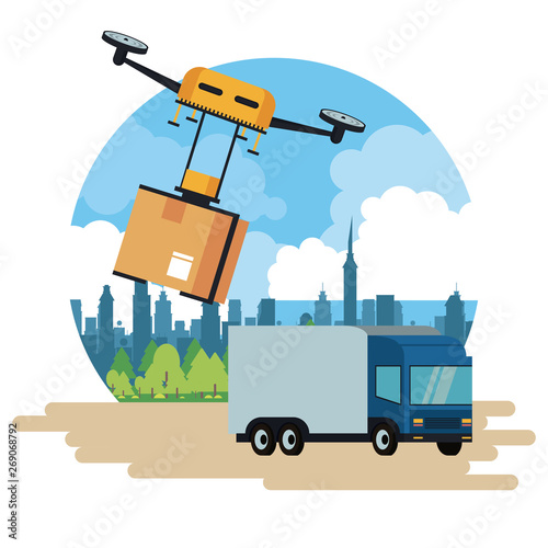 Delivery drone and vehicle at city
