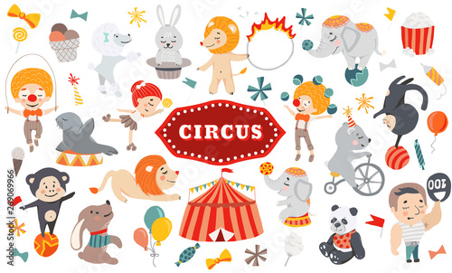 Illustrations of funny circus characters. Presentation, show and magic. Template vector graphics.