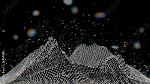 Abstract wireframe background. 3D grid technology illustration landscape. Digital Terrain Cyberspace in the Mountains with valleys. Data Array.