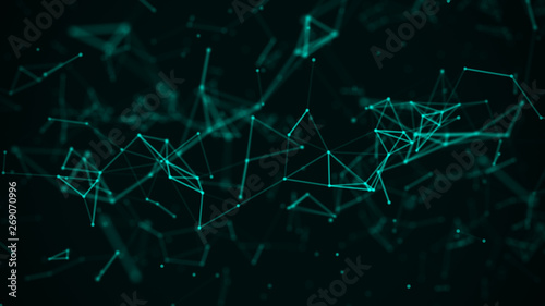 Digital plexus of many glowing lines and dots. Abstract futuristic background. 3D rendering