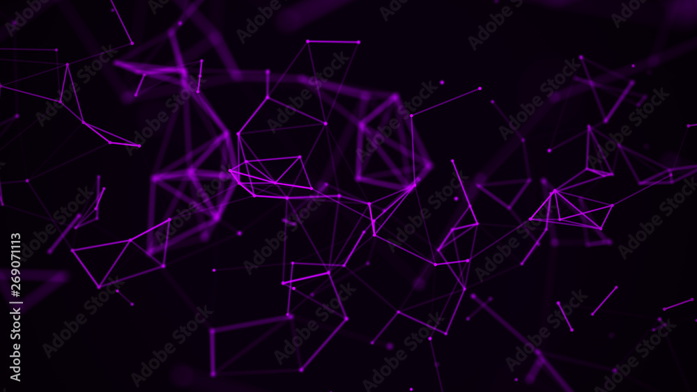 Digital plexus of many glowing lines and dots. Abstract futuristic background. 3D rendering
