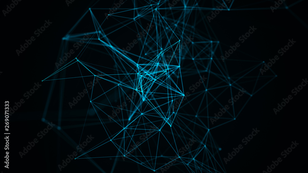 Digital plexus of many glowing lines and dots. Abstract futuristic background. 3D rendering