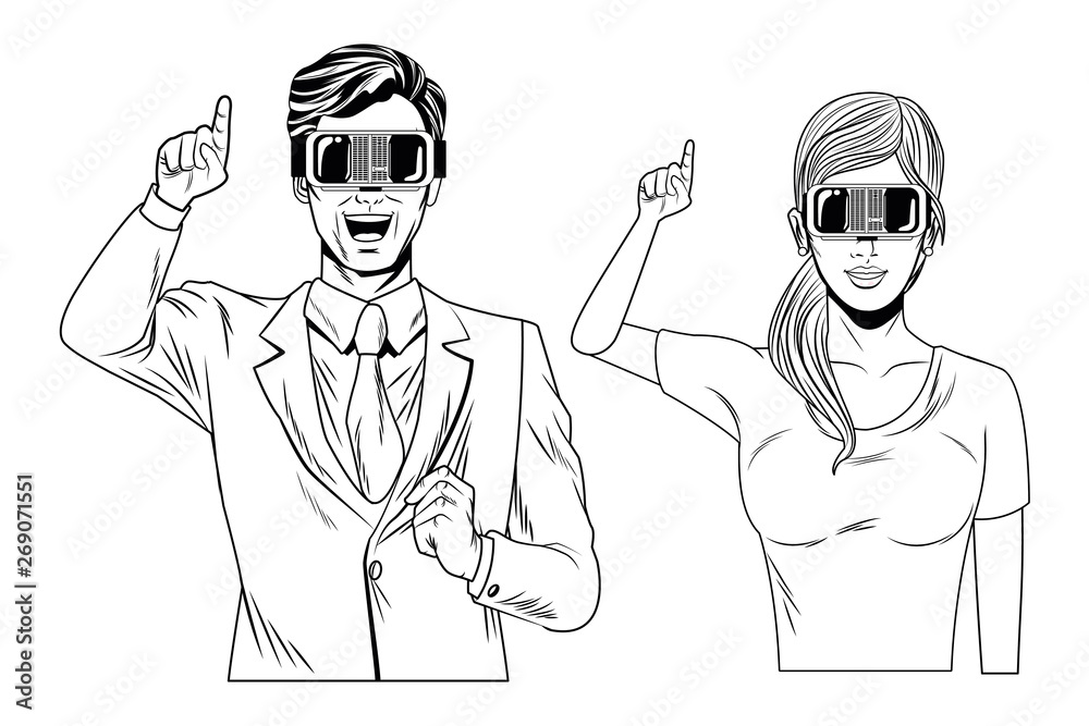 couple wearing virtual reality headset black and white