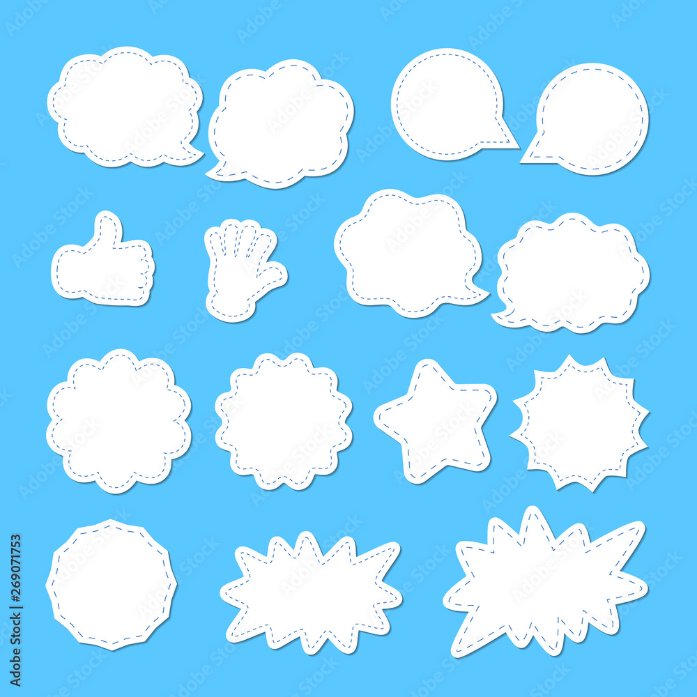 Set of speaking bubbles in trendy style. Talking clouds for short messages with 3 D effects. Isolated abstract graphic design template. Blue background. Set of speaking bubbles in trendy style. Talking clouds for short messages with 3 D effects. Isolated abstract graphic design template. Blue background.
