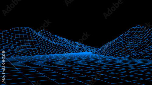 Vector wireframe 3d landscape. Technology grid illustration.