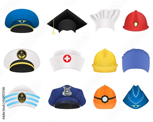 Hats and helmets of different professions. A set of twelve items. Realistic vector isolated on white background.