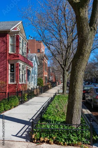 Sidewalk with Trees and Homes in Lincoln Park Chicago