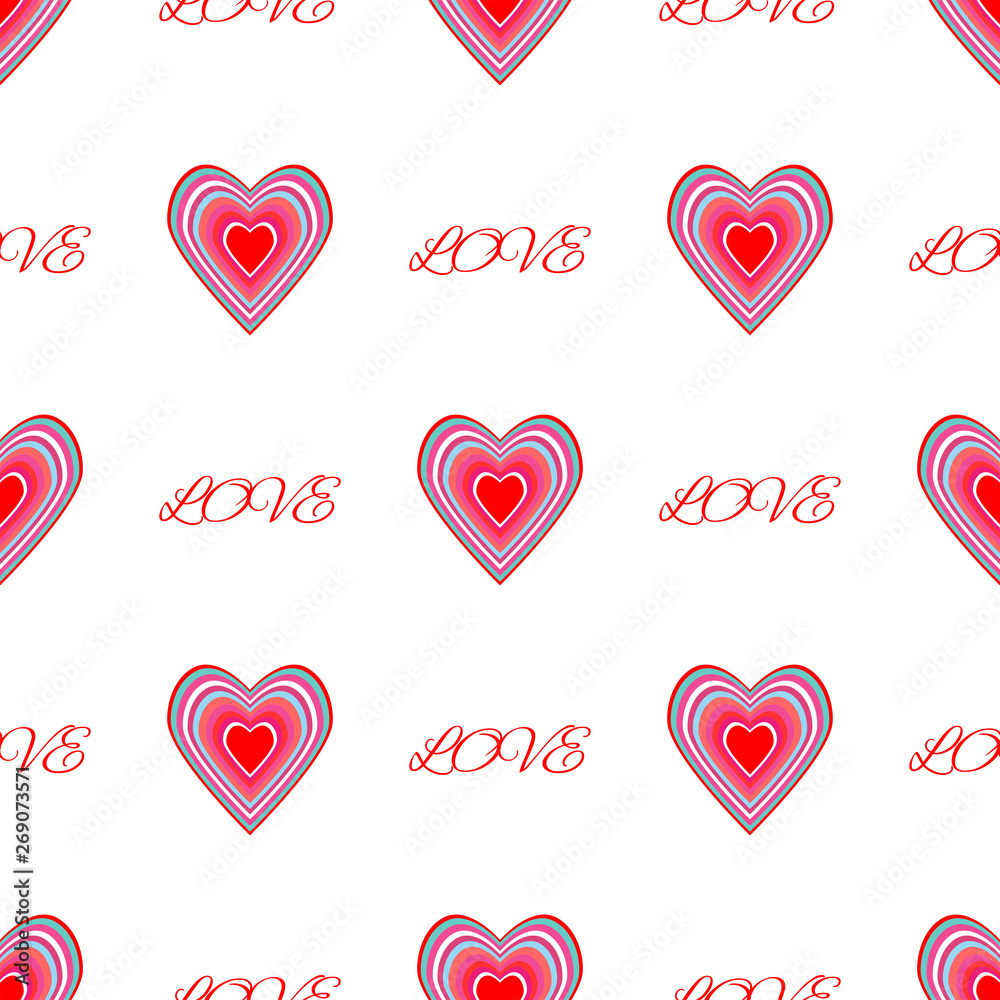 Repetitive hearts and text Love. Romantic seamless pattern. Vector illustration.