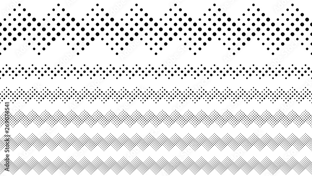 Repeating geometrical dotted pattern text divider set - black and white abstract vector graphic design elements from dots