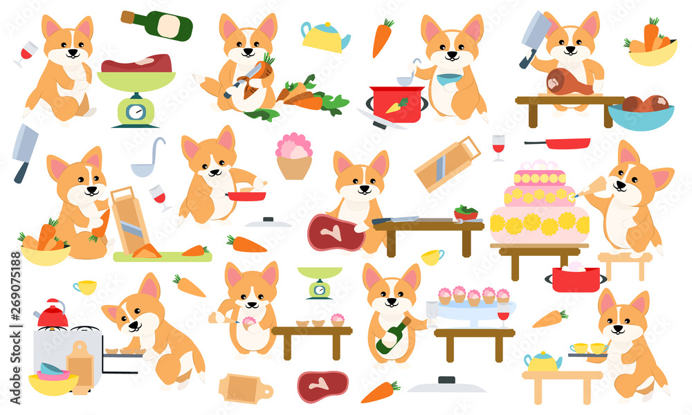 Set Cute dog corgi cooks are cooking in the kitchen. Baking cakes and pastries, cooking vegetables and meat. Cookware and things for cooking: pots, pans, gas stove. Vector illustration Set Cute dog corgi cooks are cooking in the kitchen. Baking cakes and pastries, cooking vegetables and meat. Cookware and things for cooking: pots, pans, gas stove. Vector illustration